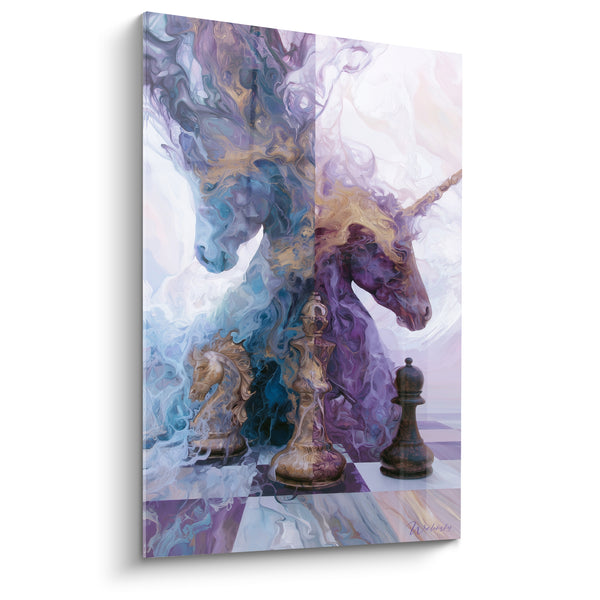 Tableau Chevaux fumée bleue et violette échiquier doré - Duel des esprits - Edition Echecs