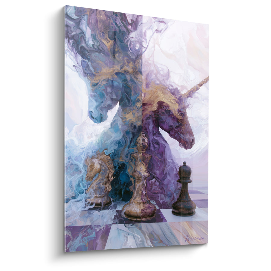 Tableau Chevaux fumée bleue et violette échiquier doré - Duel des esprits - Edition Echecs