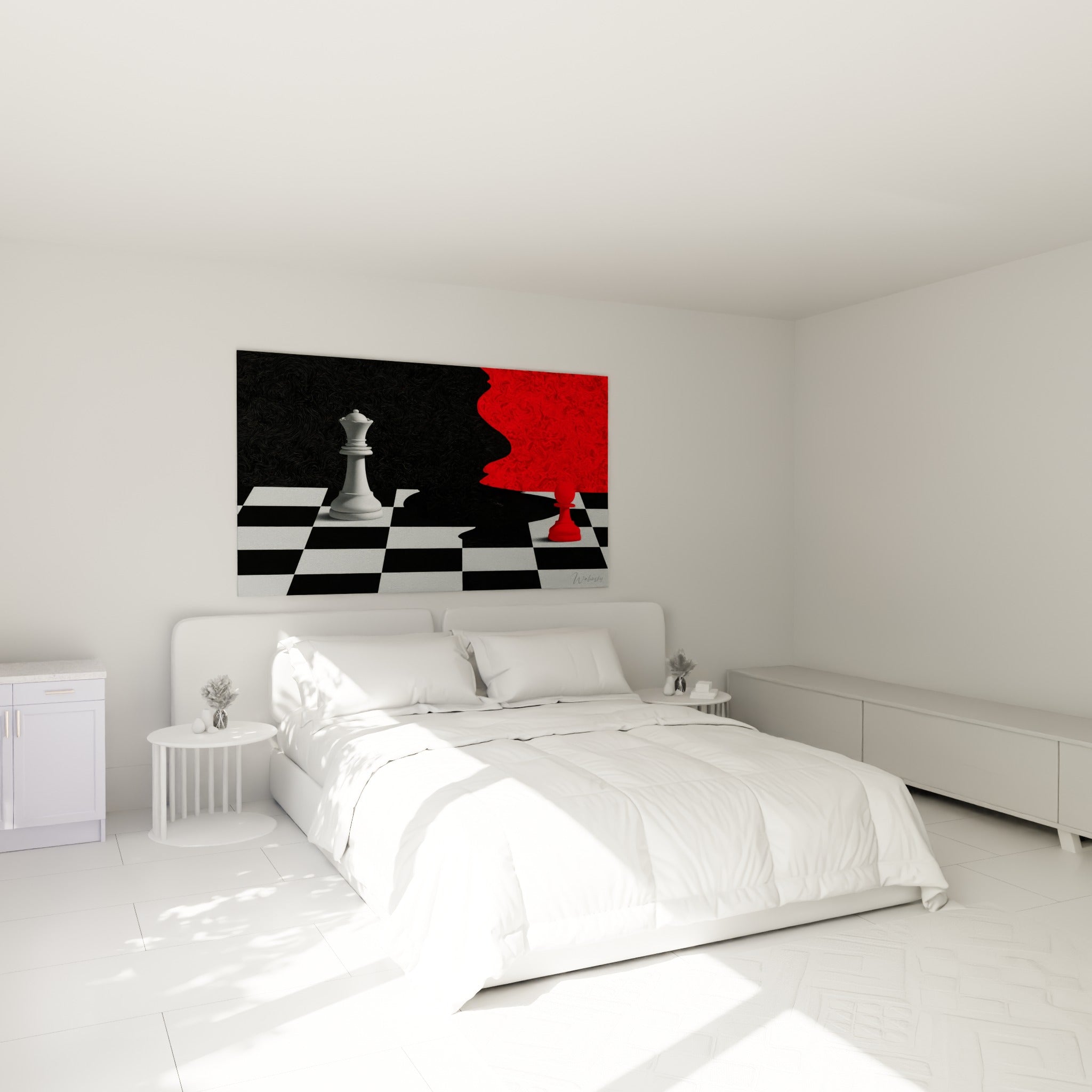 Pièces d'échecs blanche et rouge sur damier, accrochées au-dessus d'un lit dans une chambre claire