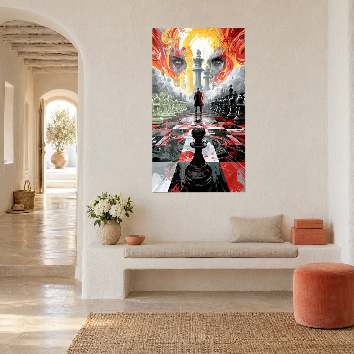 Wall art chess duel under a sky of orange and yellow flames, glossy black pawn in the foreground, rough plaster wall of a white house