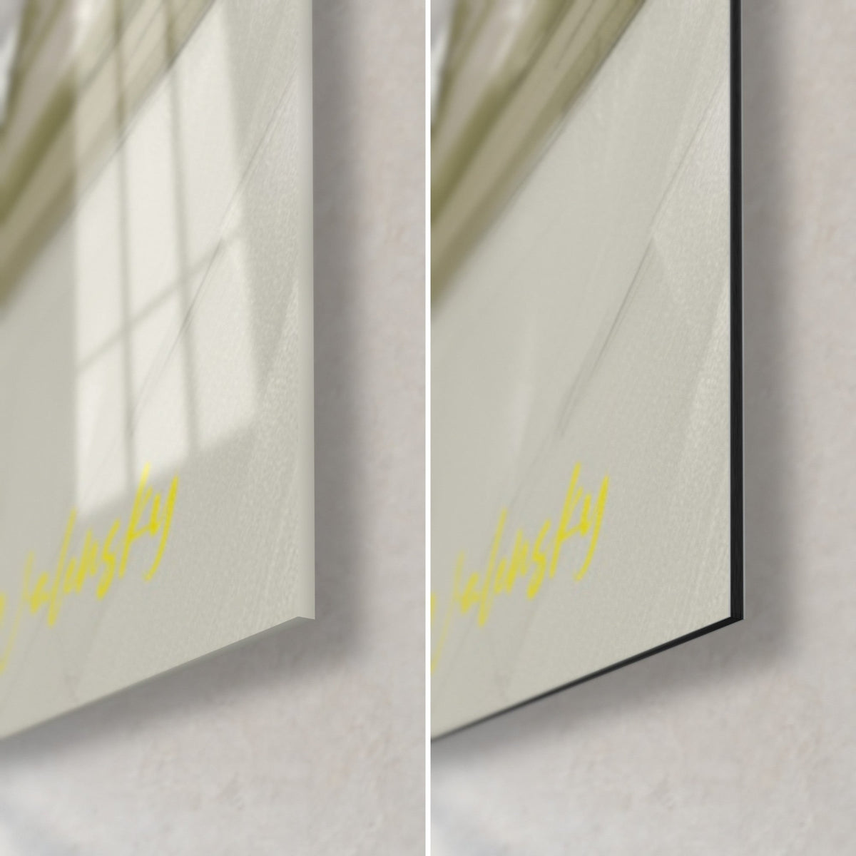Wall art black knight and golden queen, bottom right corner: glossy acrylic glass with reflections, matte grey Dibond aluminium, 3 mm edge
