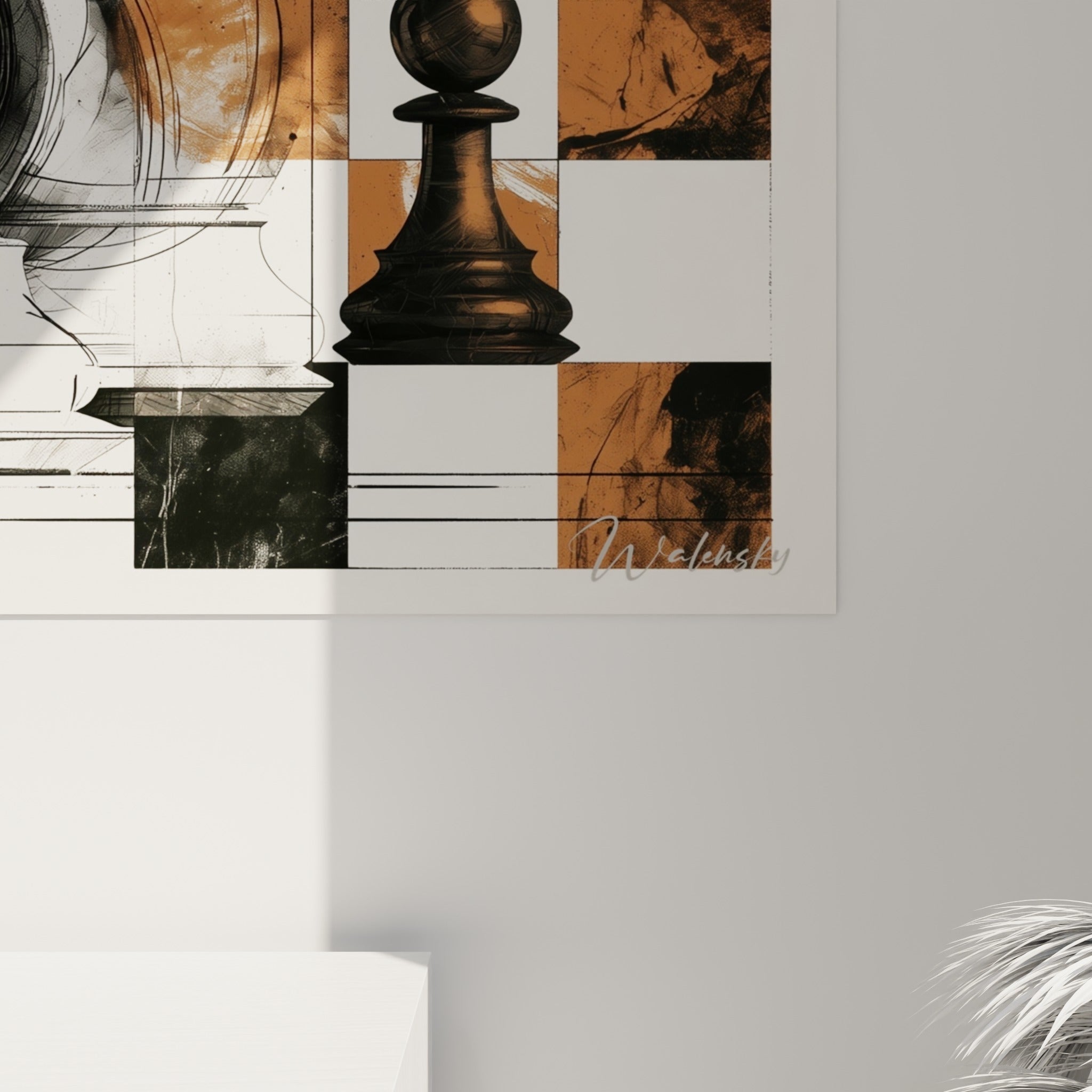 Détail des coulures terracotta et du trait noir encré sur les figures d'échecs, matière et grain visibles de près