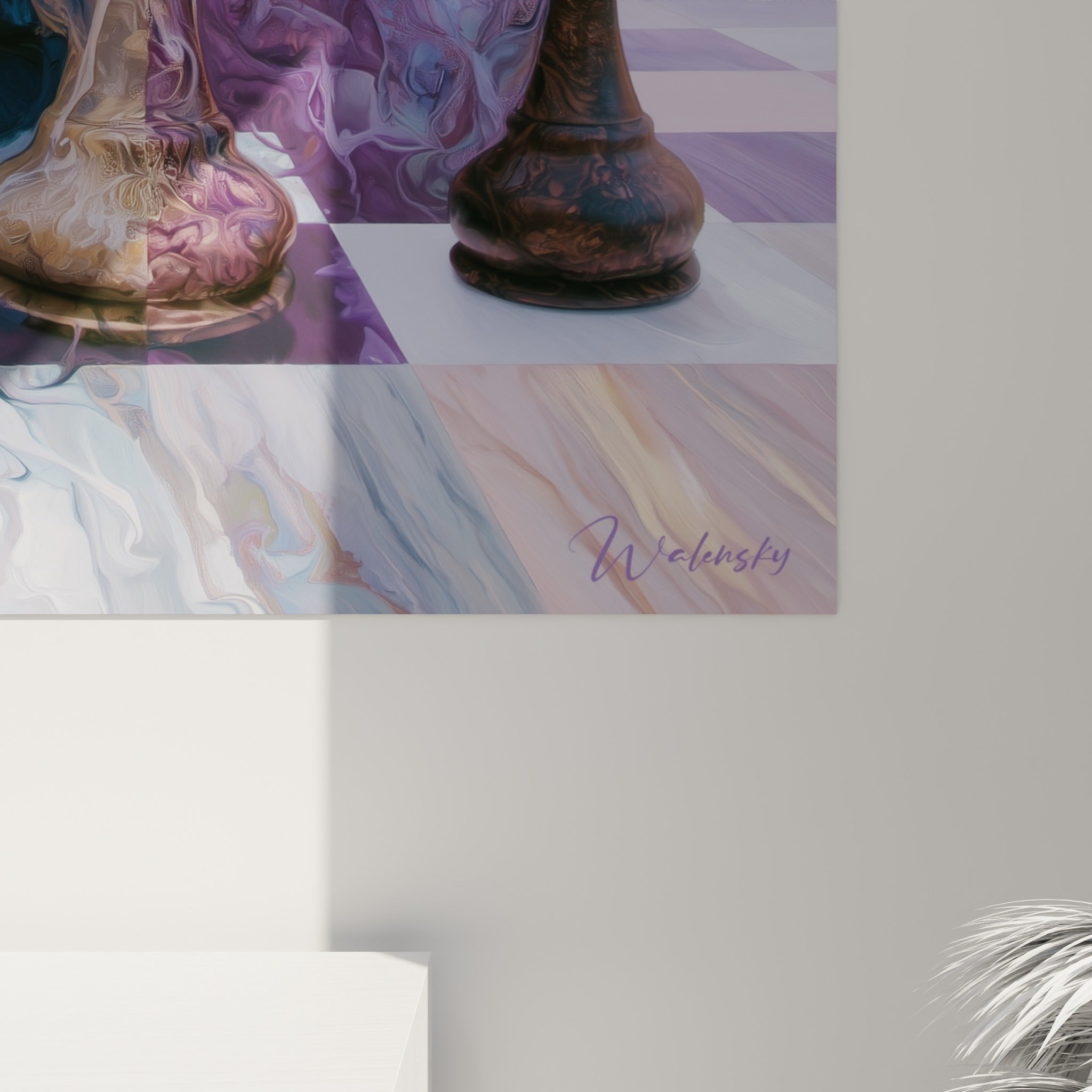 Détail des volutes dorées et violettes se mêlant à la crinière fumée d'un des chevaux du tableau échecs