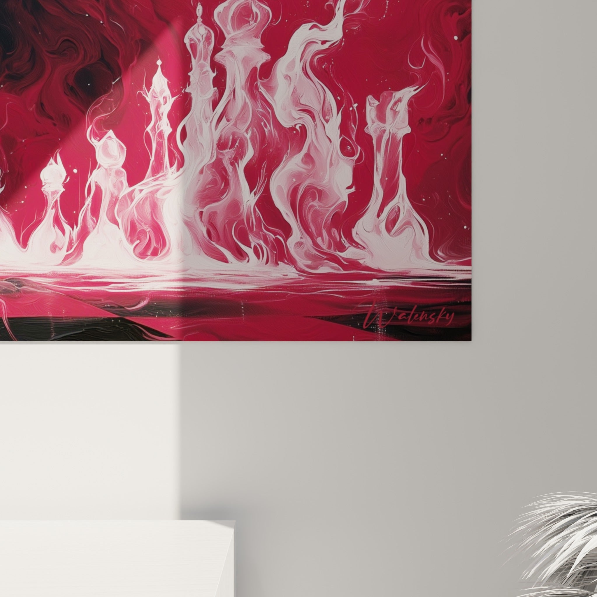 Détail des flammes blanches et du damier rouge sombre montrant le grain et les empâtements de la toile