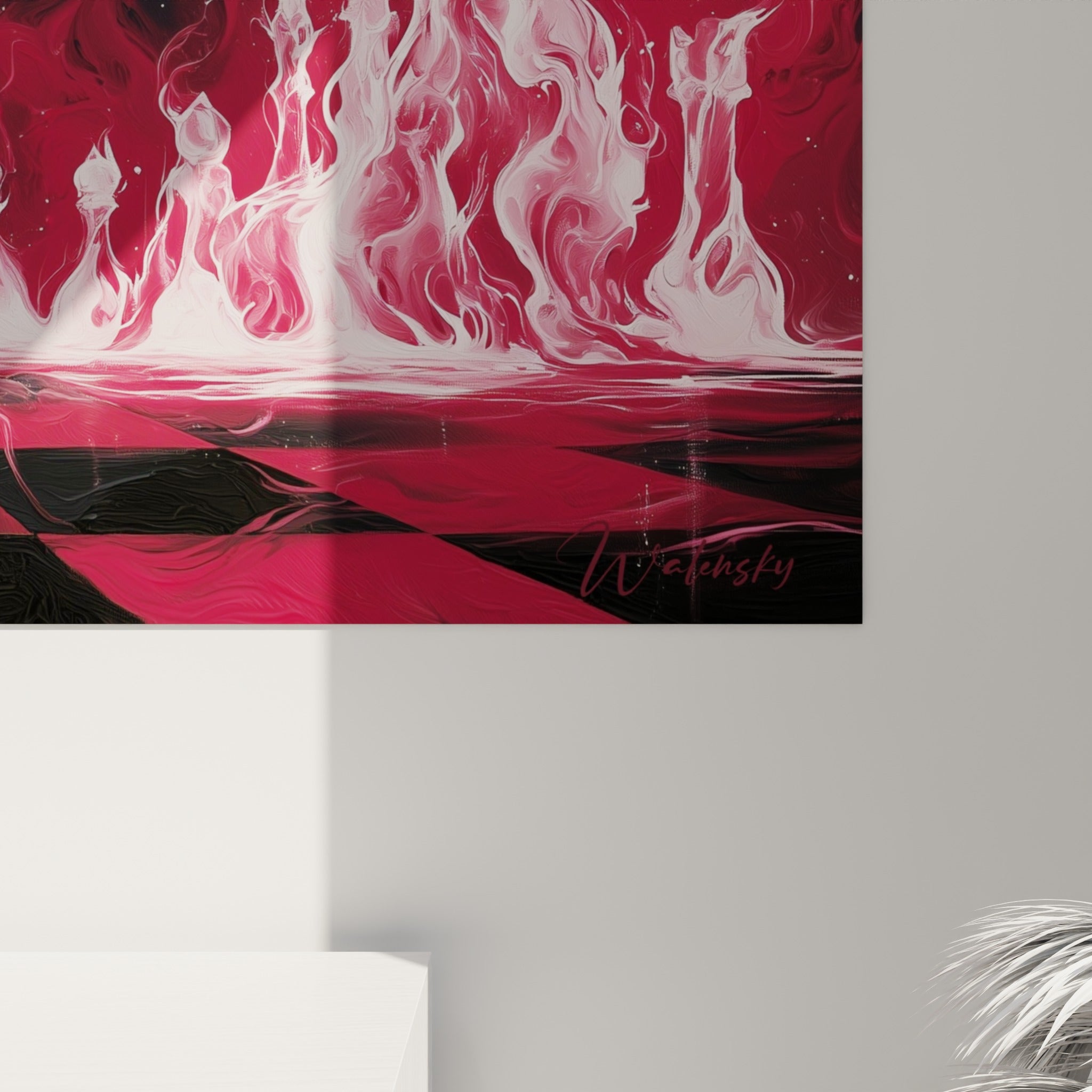 Détail des empâtements rouges et blancs représentant des pièces d'échecs consumées par le feu sur fond noir