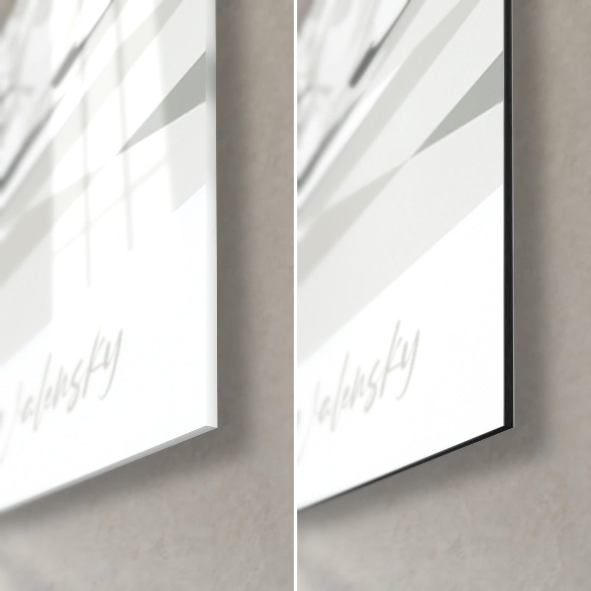 Wall art black and white chess stallions, bottom right corner: glossy acrylic glass with reflections, matte black Dibond aluminium, 3 mm edge