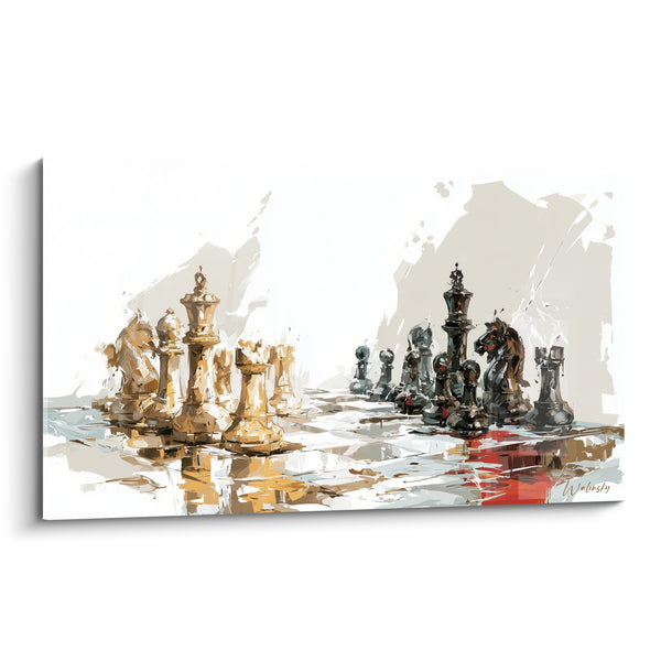 Tableau Pièces d'échecs dorées et anthracite face à face - Duel imminent - Edition Echecs