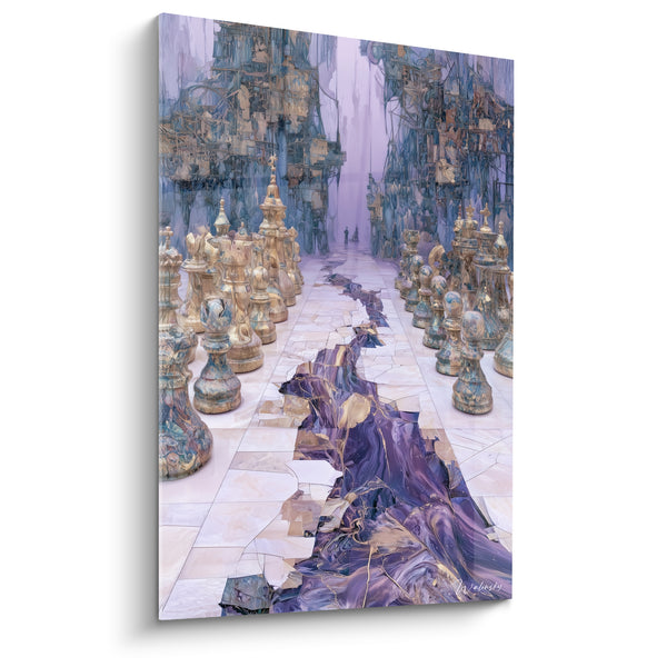 Tableau Échiquier doré aux tours violettes fissurées - Faille du duel - Edition Echecs
