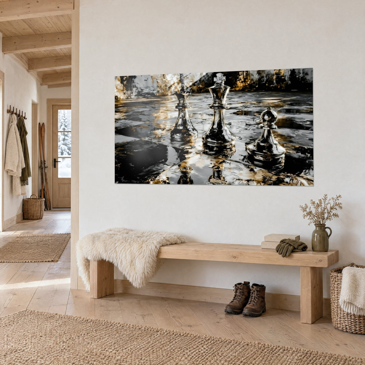 Cuadro trío de figuritas de cristal plateado con destellos dorados, tablero lacado en negro, visto de lado junto a un banco de madera, chalet