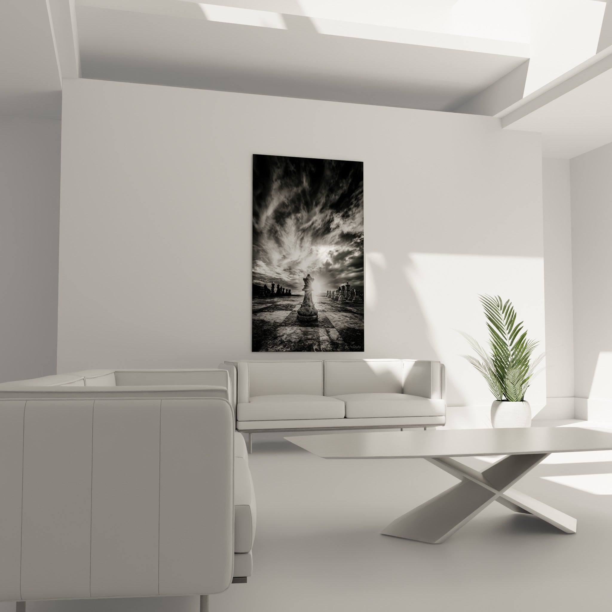 Échiquier dramatique aux tons anthracite et blanc suspendu au-dessus d'un canapé dans un salon lumineux