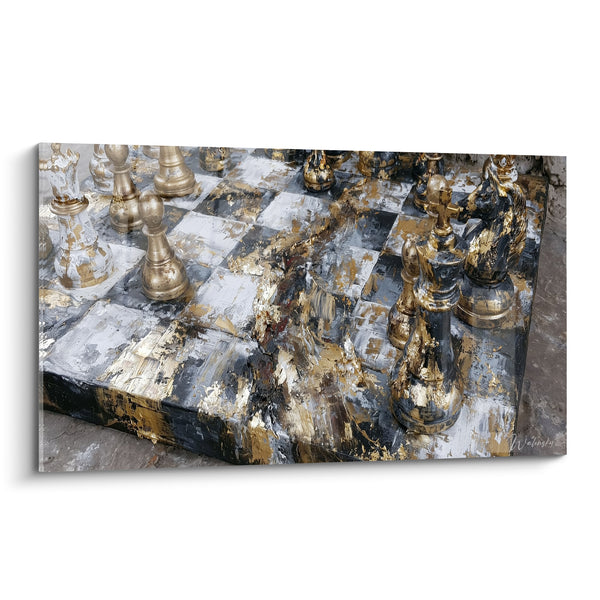 Tableau Échiquier noir et doré aux pièces empâtées - Coulures de peinture épaisse - Edition Echecs