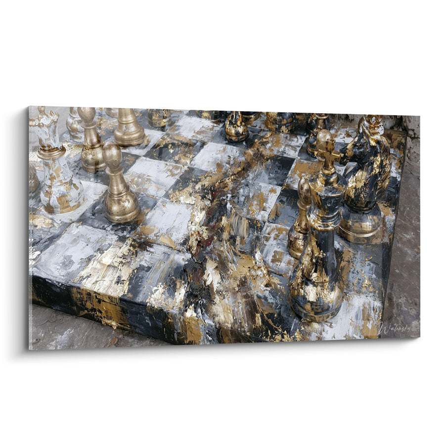 Tableau Échiquier noir et doré aux pièces empâtées - Coulures de peinture épaisse - Edition Echecs