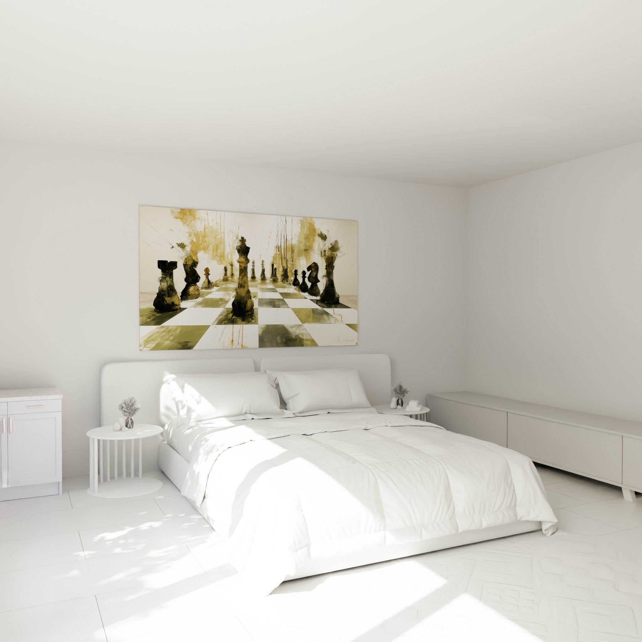 Pièces d'échecs noires sur fond ocre et blanc, accrochées au-dessus d'un lit dans une chambre claire