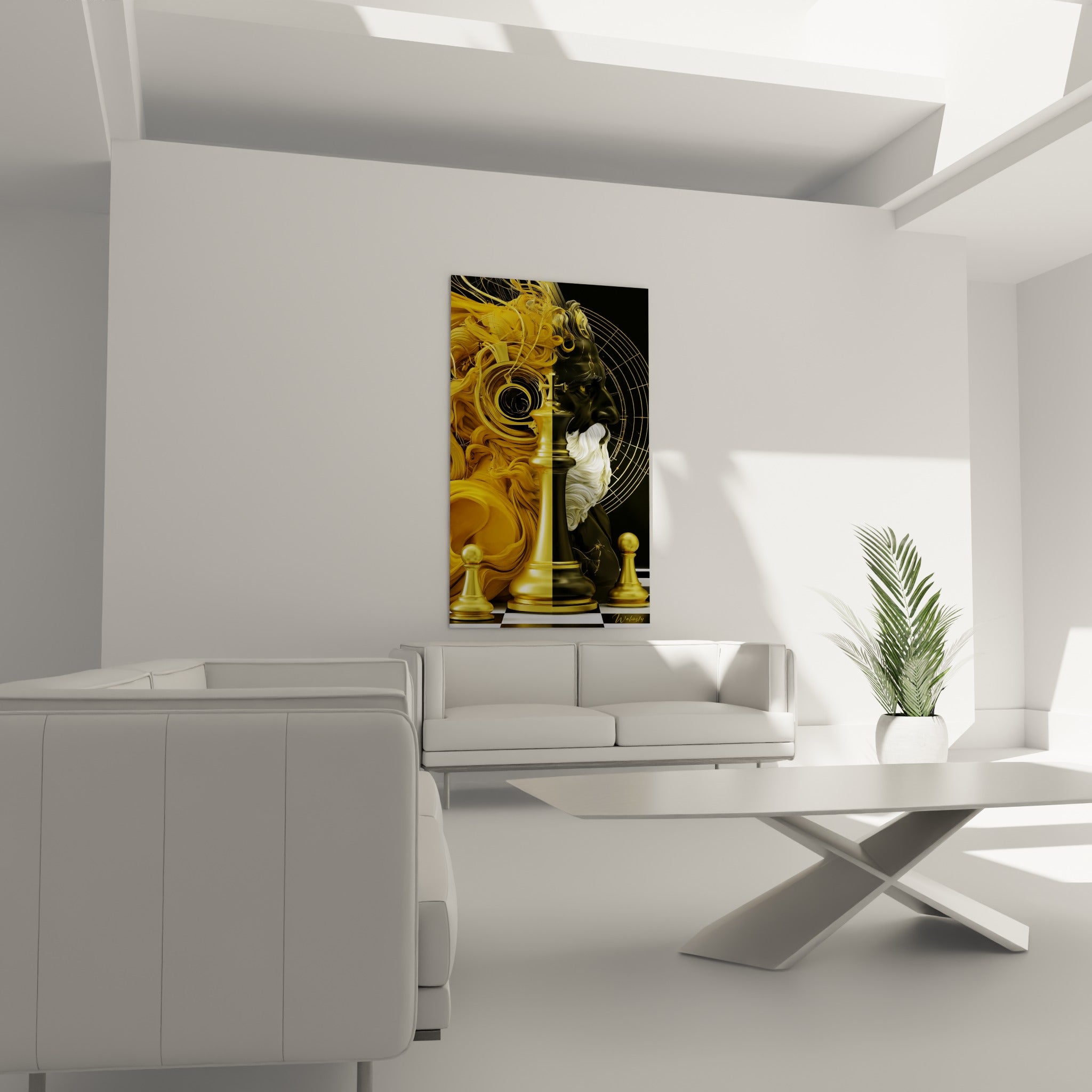 Pions dorés entourant un roi bicolore sur échiquier noir et blanc, au-dessus d'un canapé dans un salon lumineux