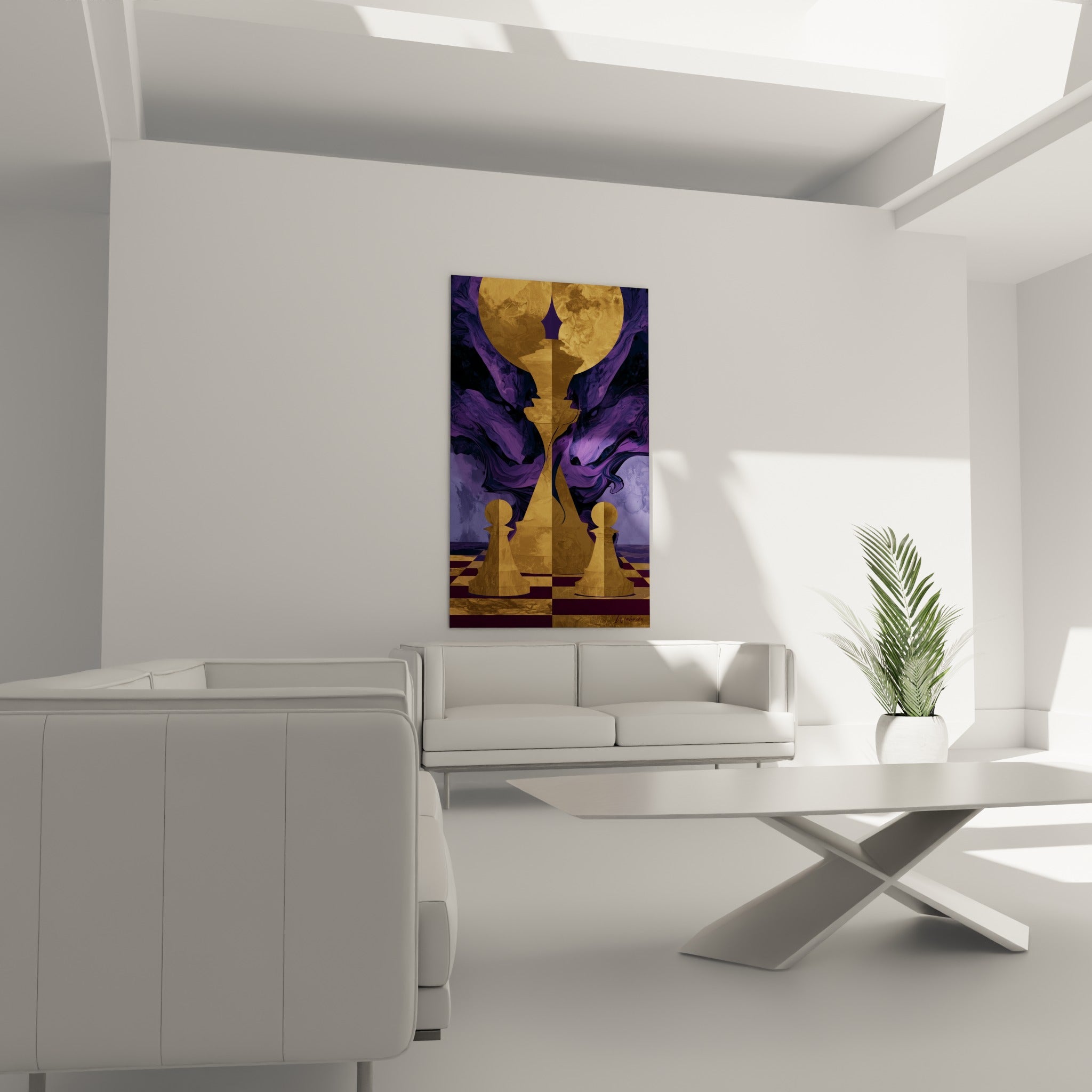 Composition échecs violette et dorée au-dessus d'un canapé dans un salon lumineux