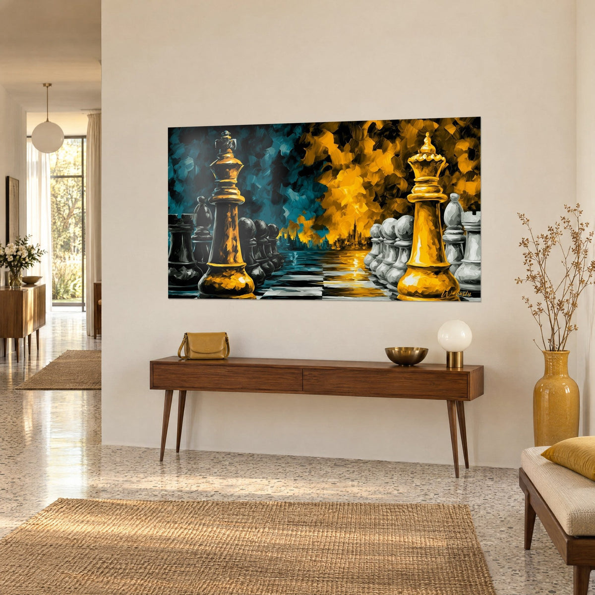 Tableau souverain jaune d'or et pions noirs sur damier, skyline orangée au fond, vu de trois quarts au-dessus d'une console en bois