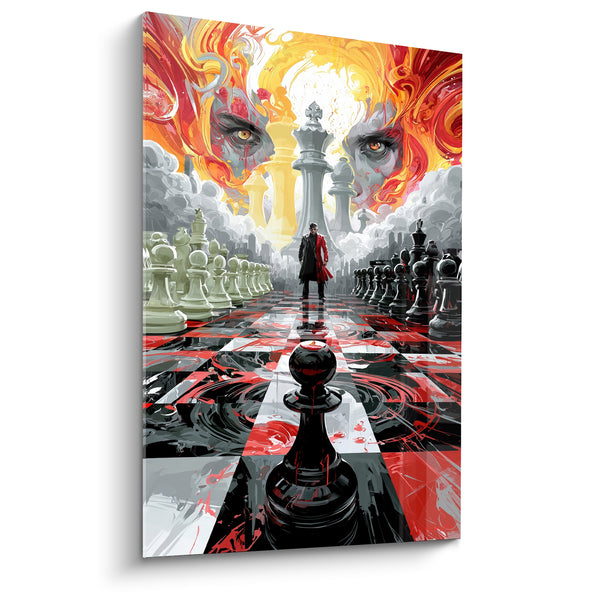 Tableau Échiquier rouge et noir aux pièces géantes - Duel final - Edition Echecs