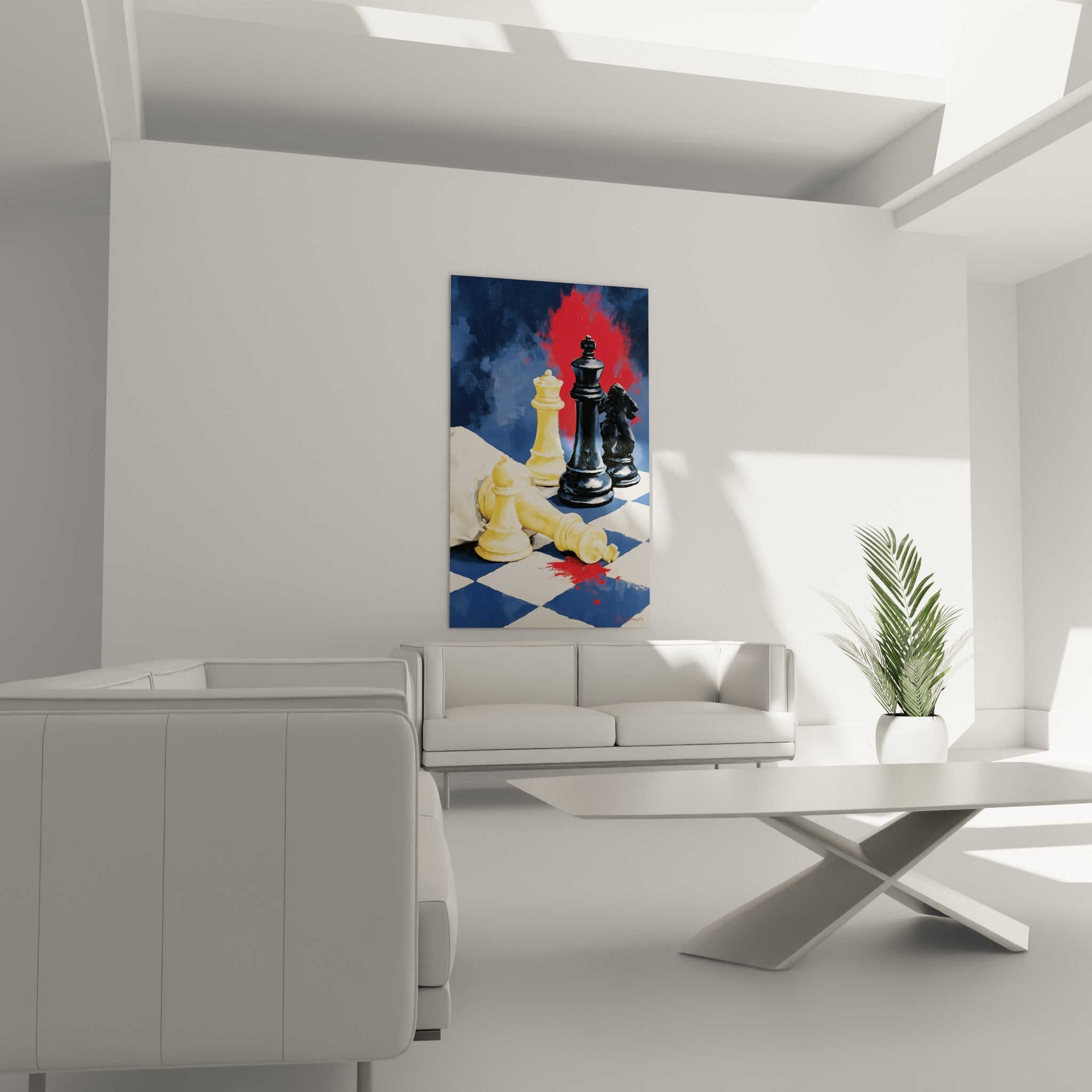 Échiquier bleu nuit et roi tombé au-dessus d'un canapé dans un salon lumineux