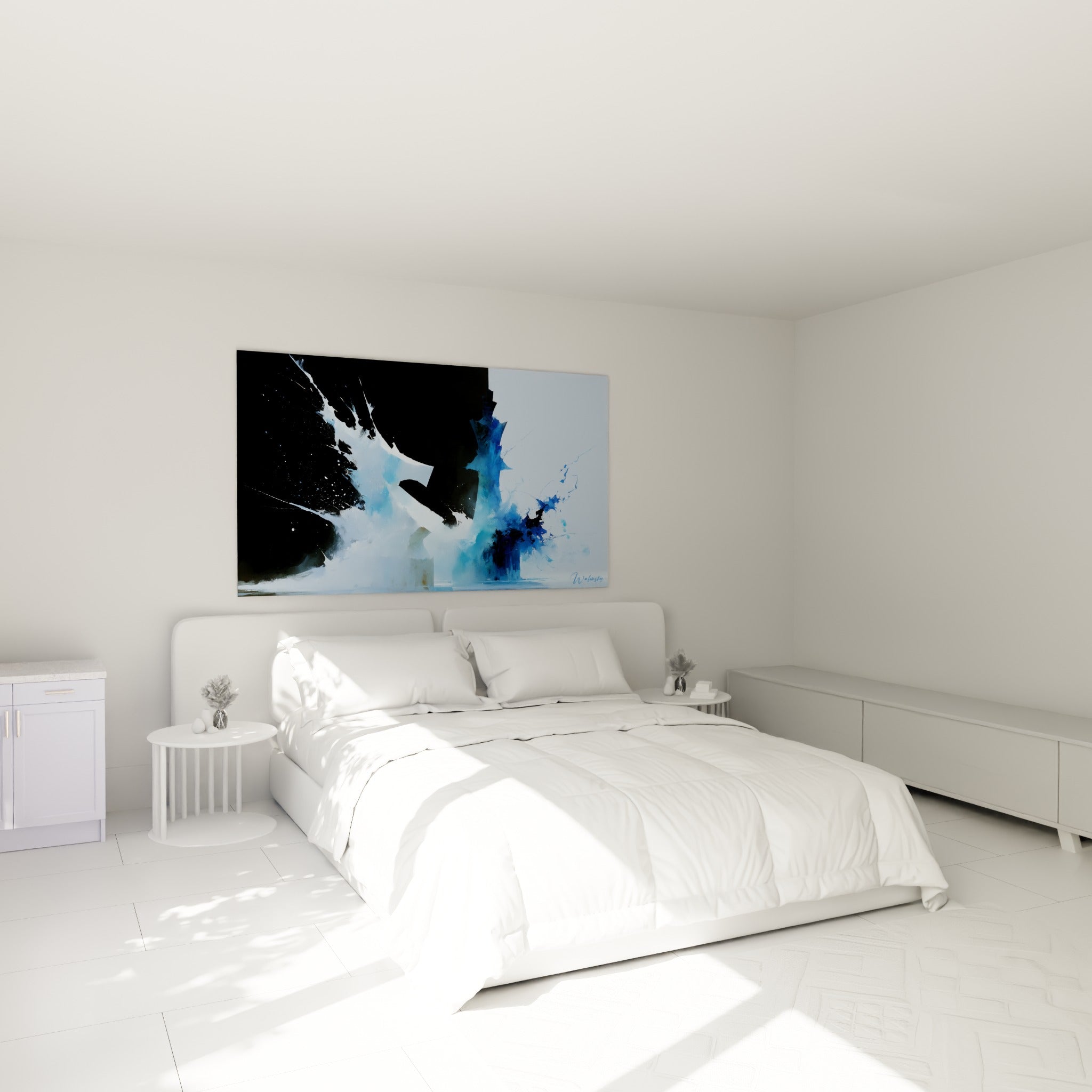 Explosion bleue et blanche façon échecs abstraits, au-dessus d'un lit dans une chambre claire