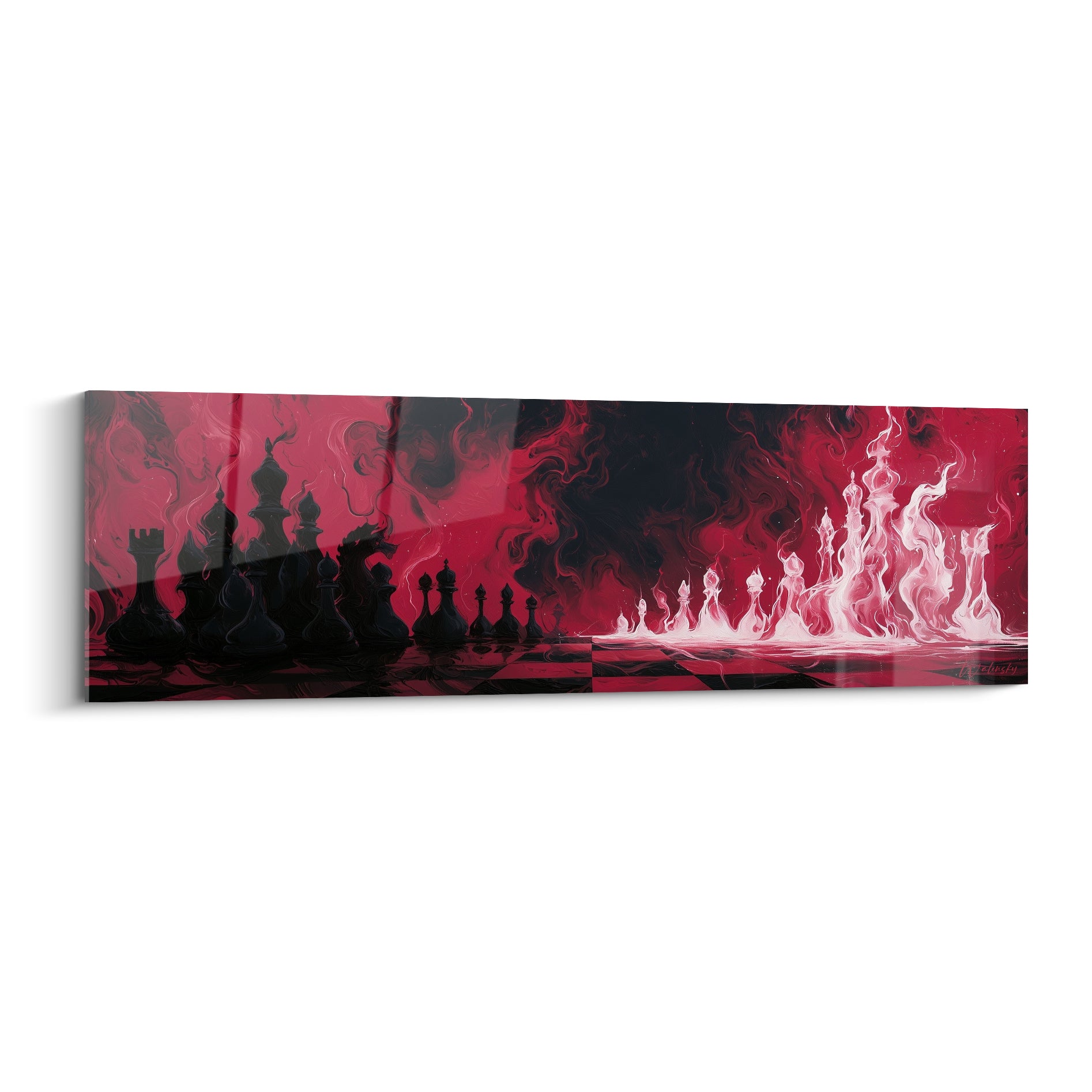 Échiquier aux pièces noires et blanches enflammées sur fond rouge grenat et anthracite intense