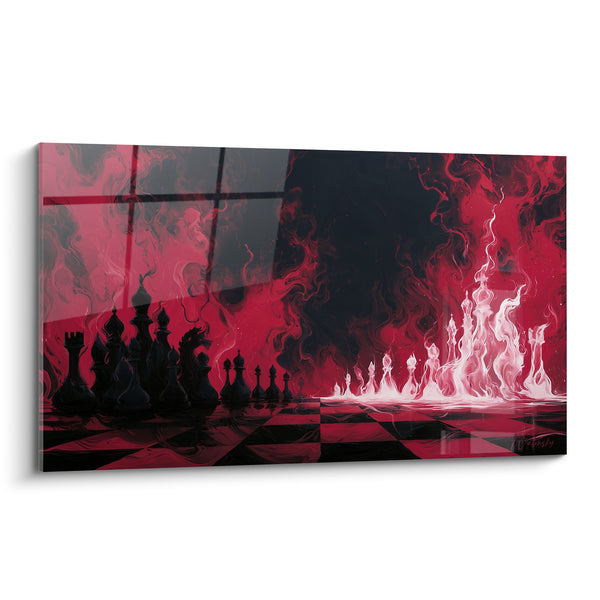 Tableau Échiquier noir et rouge en flammes - Duel de braises - Edition Echecs
