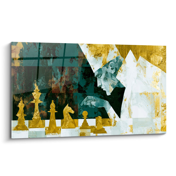 Tableau Joueur profil doré et vert olive sur échiquier - Main effleurant les pièces - Edition Echecs