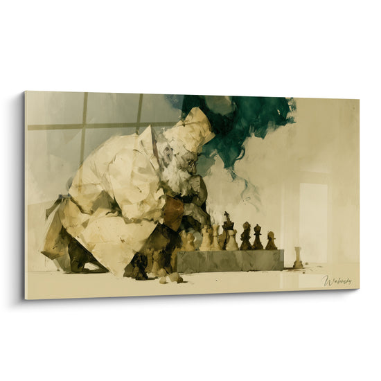 Joueur d'échecs penché en manteau ocre, fumée verte, style pictural expressif et chaleureux