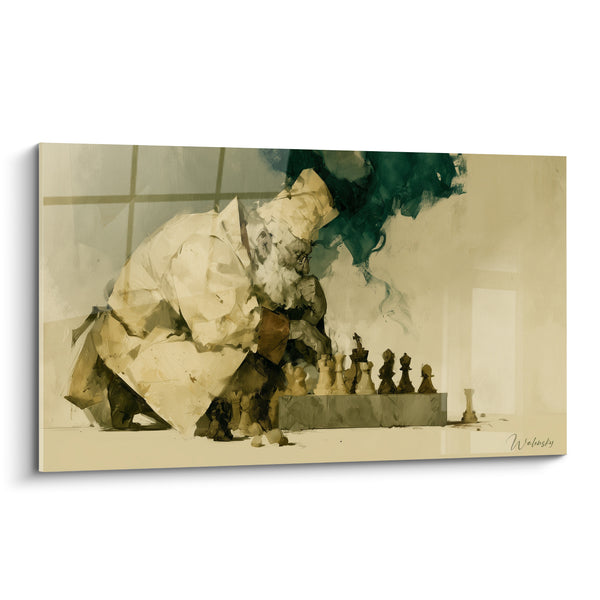 Tableau Joueur penché sur échiquier ocre et vert - Instant de réflexion - Edition Echecs