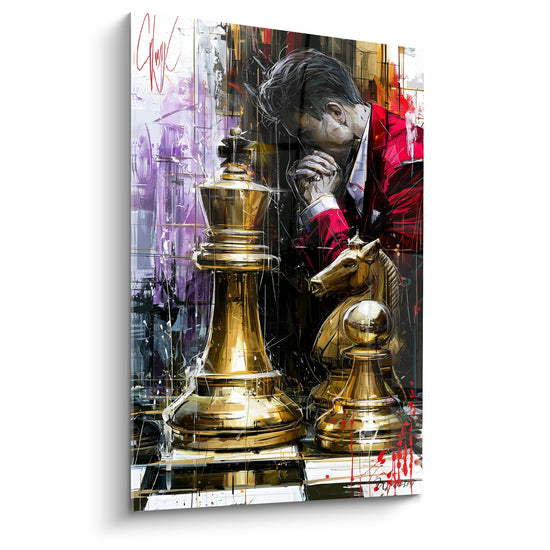 Tableau Roi doré et cavalier au joueur pensif - Veste rouge écarlate - Edition Echecs