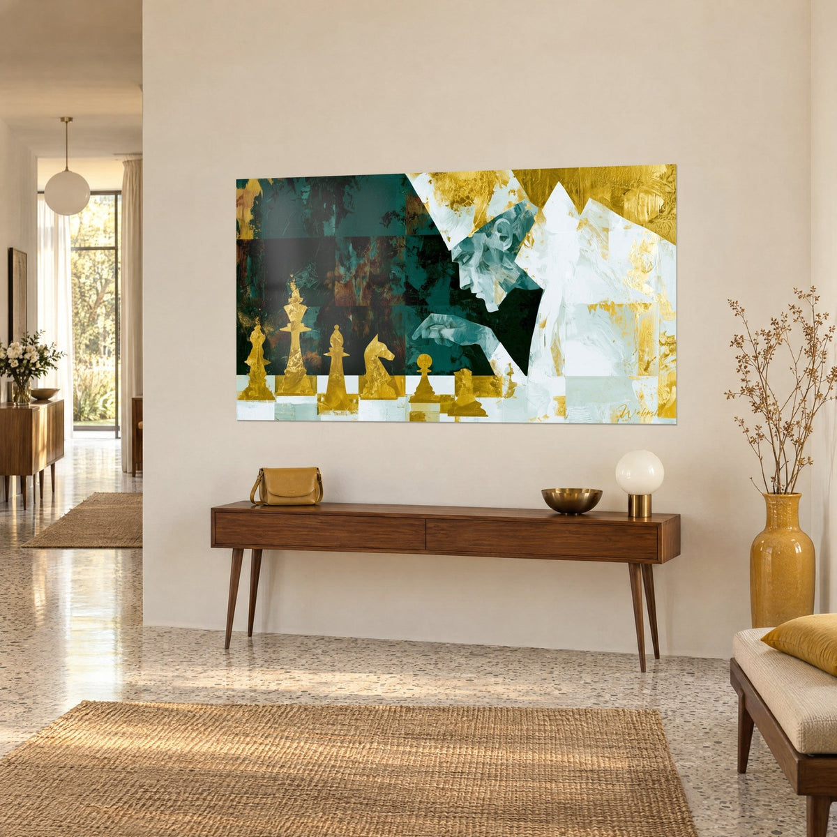 Wall art hand brushing a golden king, white and gold chessboard, olive green background, on a beige wall above a wooden console