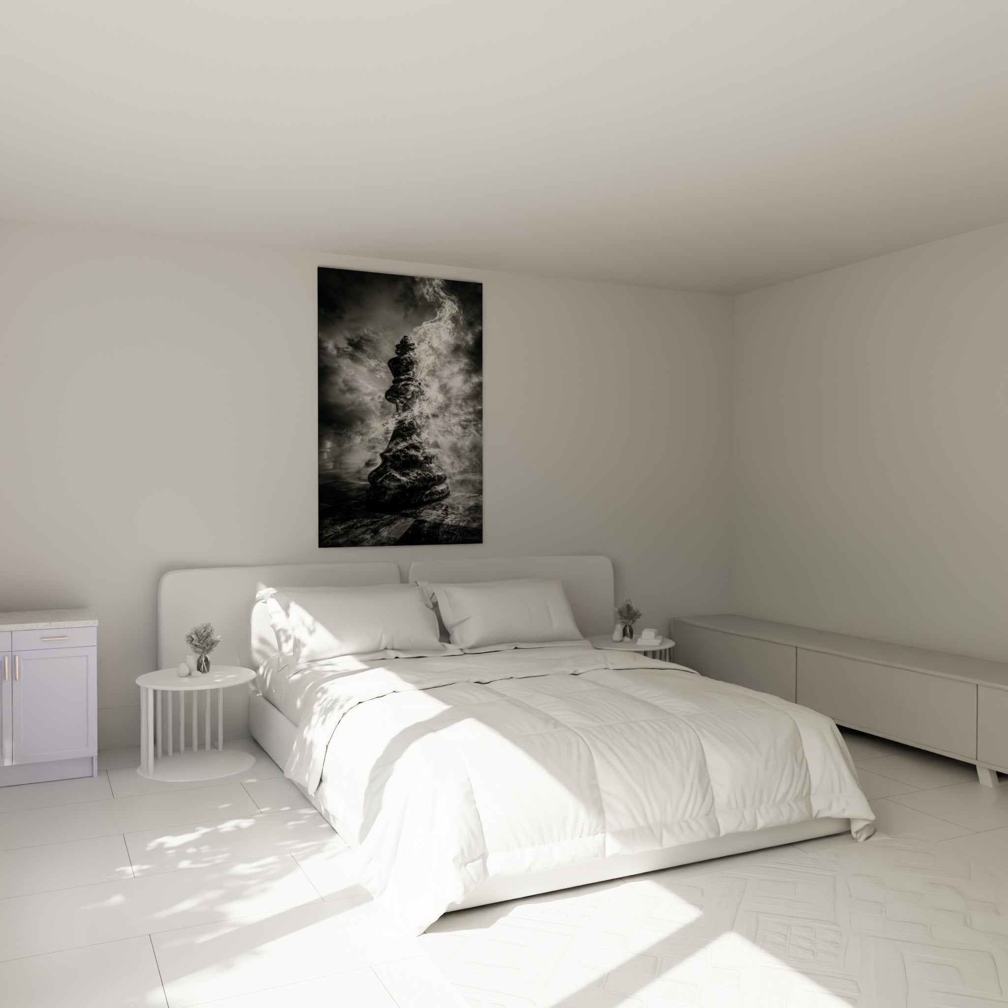 Pièce d'échecs noire cerclée de volutes blanches au-dessus d'un lit dans une chambre claire