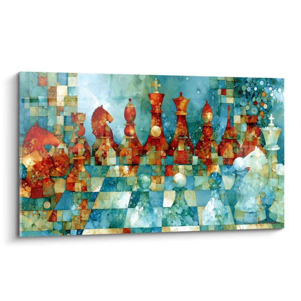 Tableau Armée d'échecs rouge et turquoise mosaïquée - Cavaliers face à face - Edition Echecs