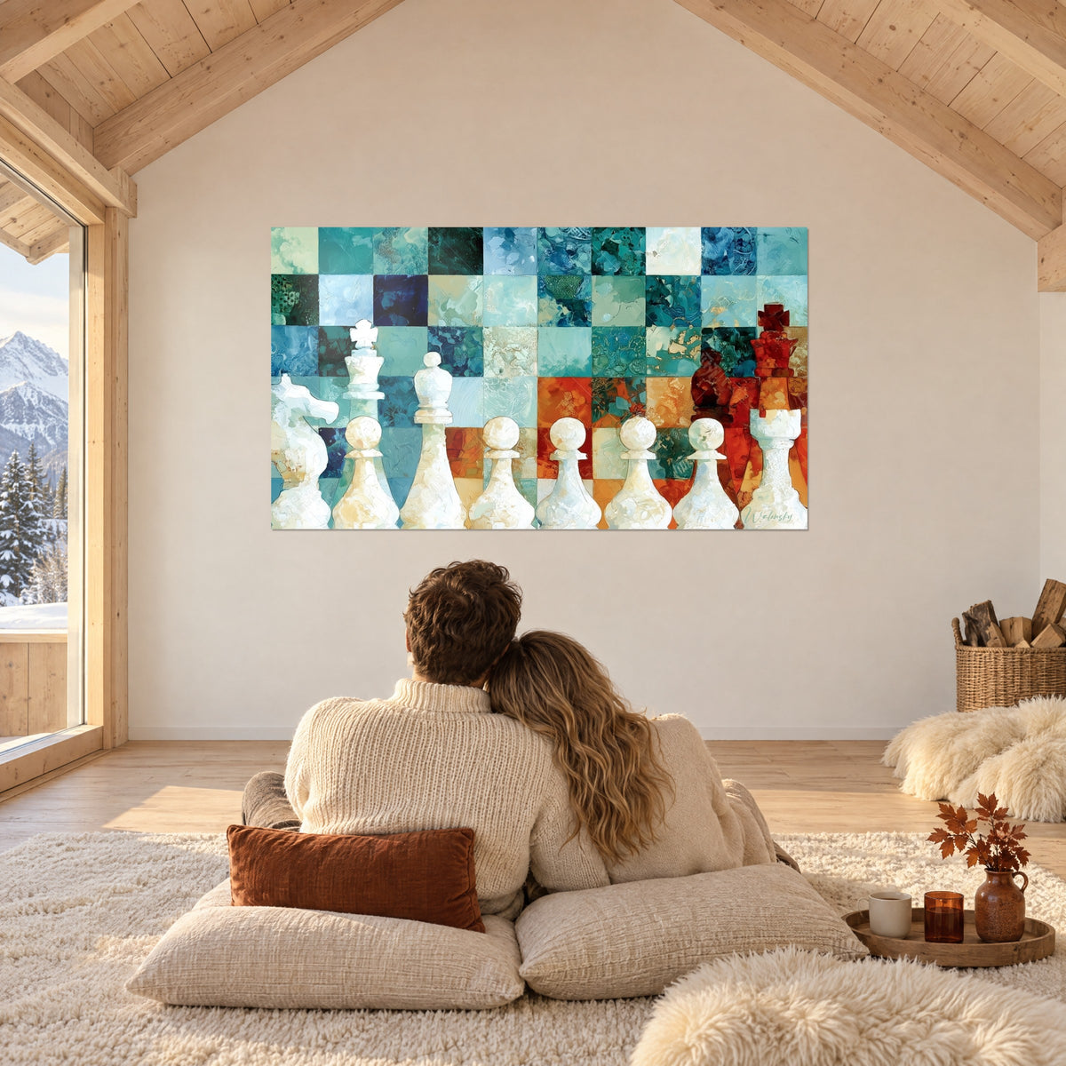 Cuadro reina y peones de mármol crema sobre mosaico azul glaciar y rojo cobrizo, pareja de espaldas sentada en cojines en el chalet