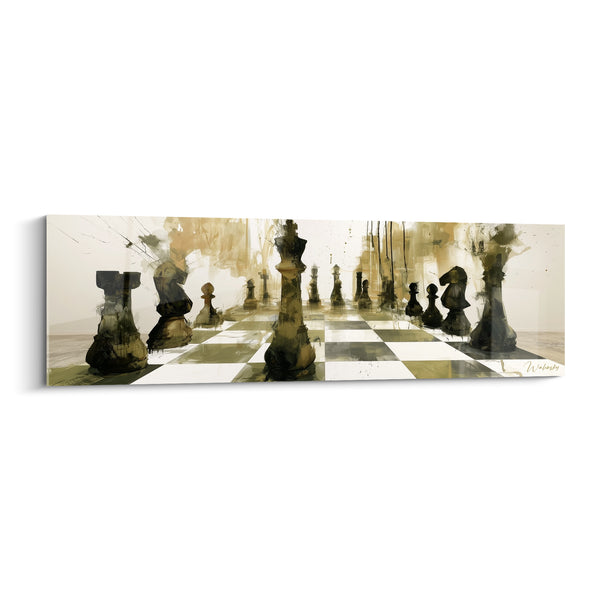 Tableau Échiquier noir et beige aux coulures fumées - Armée complète alignée - Edition Echecs