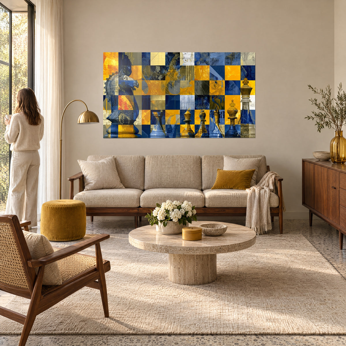 Wall art of a navy blue chess knight on mustard yellow patchwork squares, hung above a sofa in a bright living room