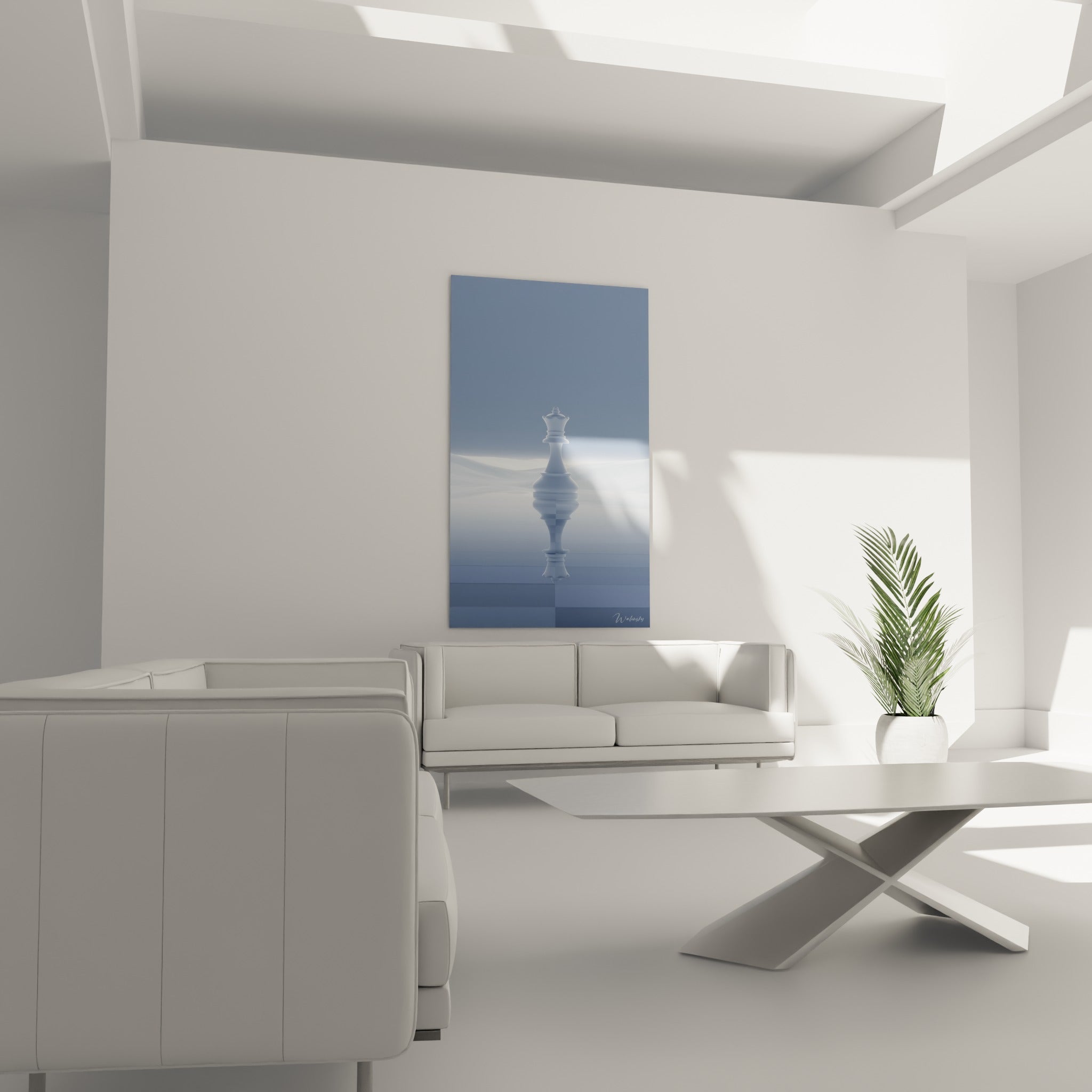 Silhouette de reine blanche et bleu pastel, disposée au-dessus d'un canapé dans un salon lumineux