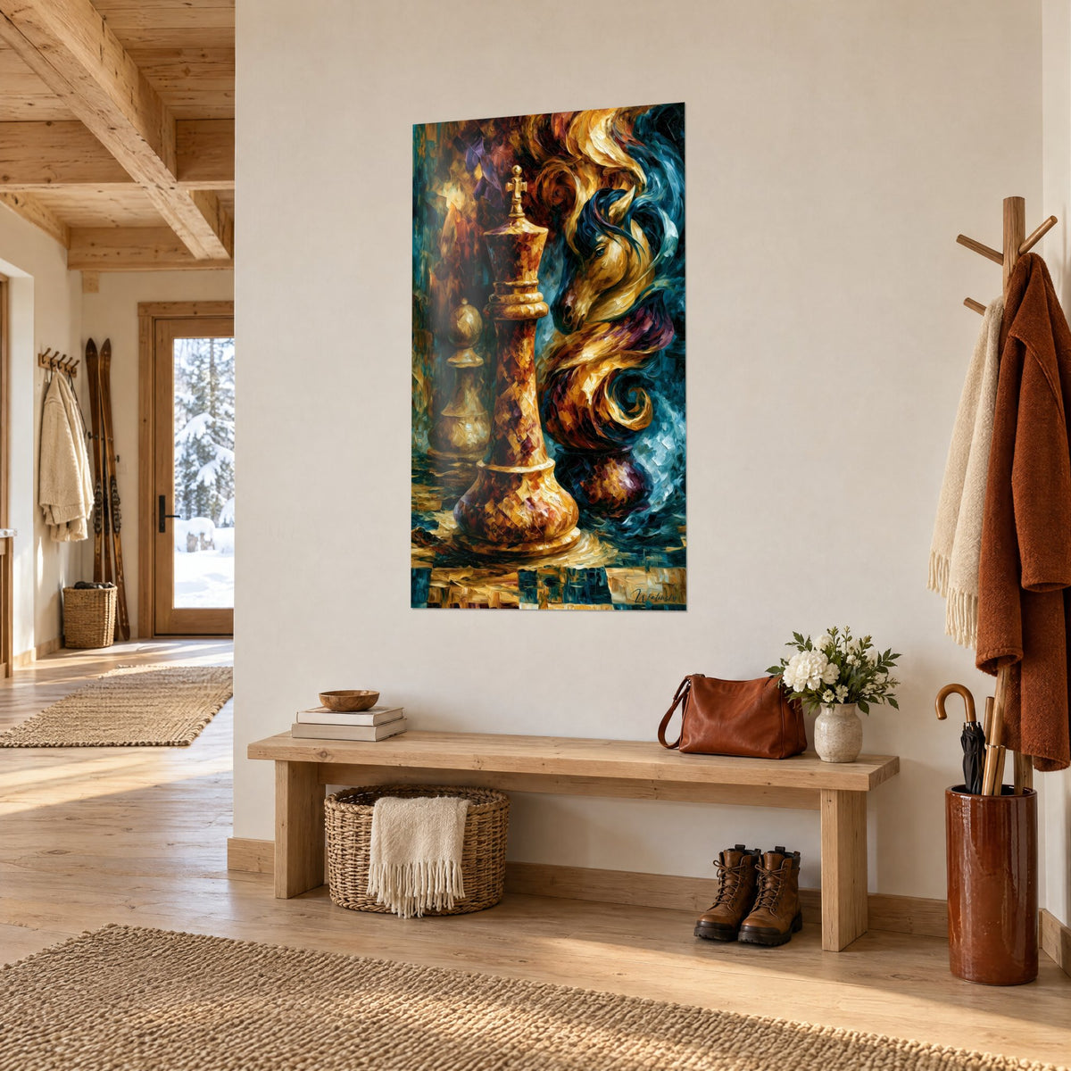 Tableau pièce royale ciselée miel et bordeaux, cavalier crinière indigo en arrière-plan, vue de trois-quarts dans une entrée en bois