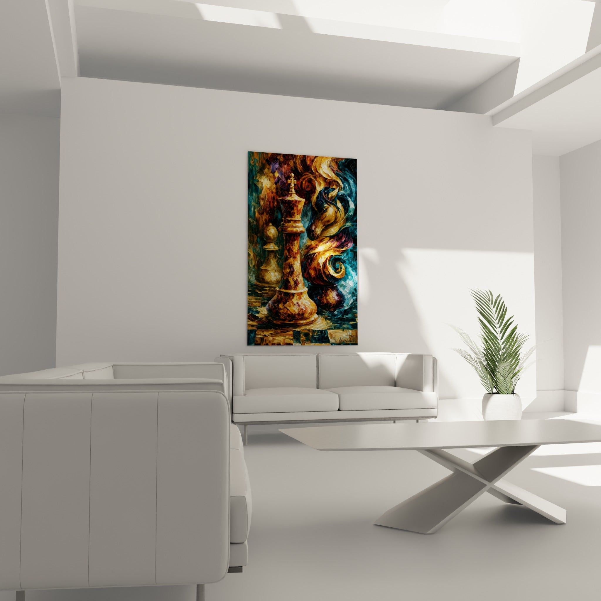 Pièces d'échecs dorées et bronze peintes avec intensité, au-dessus d'un canapé dans un salon lumineux