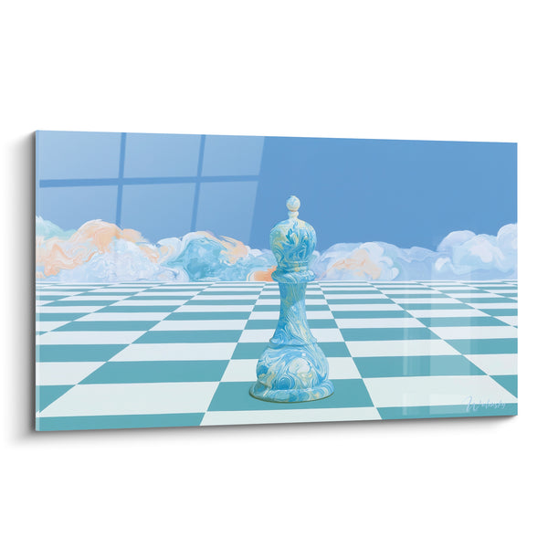 Tableau Pièce d'échecs bleu et turquoise sur échiquier - Songe stratégique - Edition Echecs