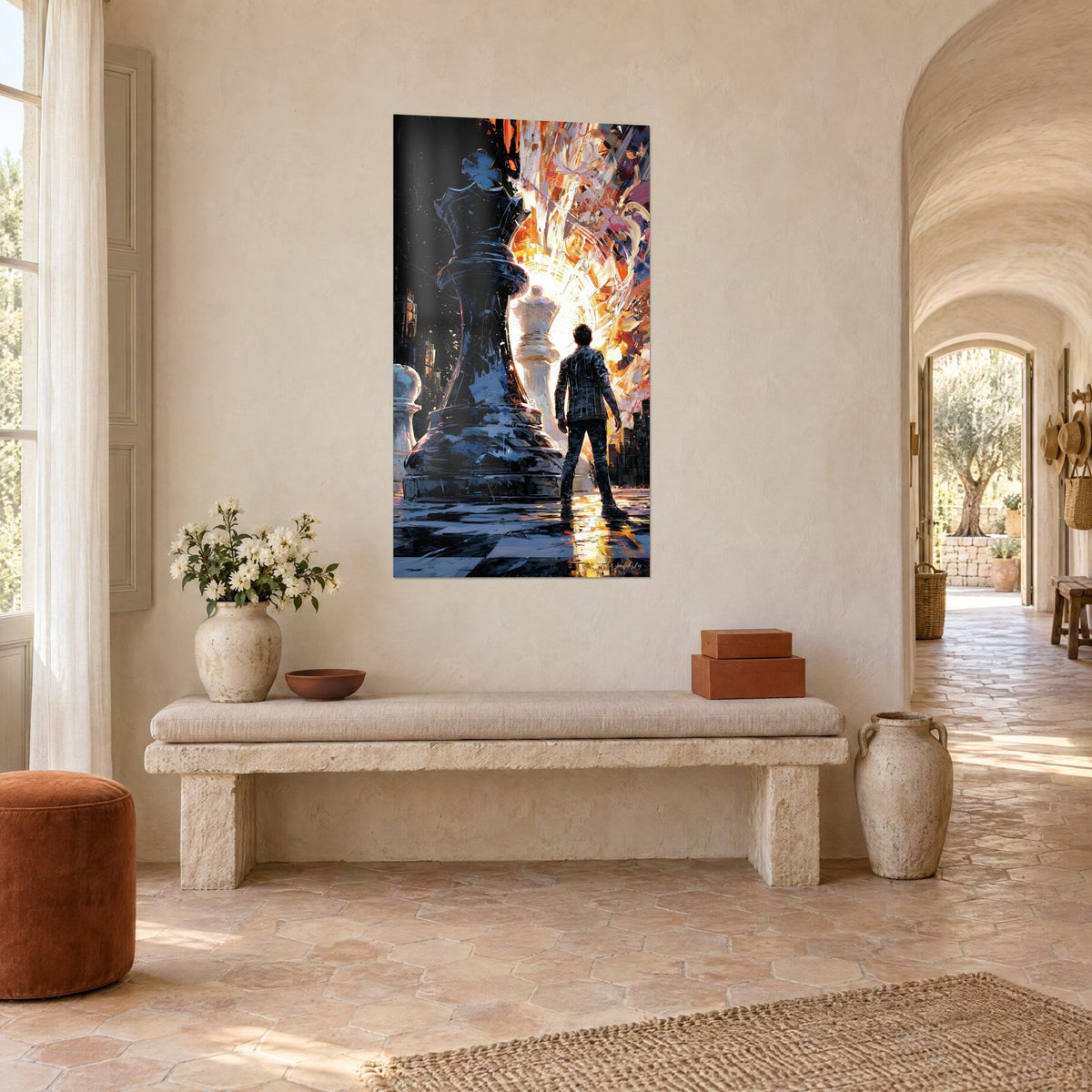 Quadro scacchiera monumentale dove un pedone nero lucente domina un eroe di spalle, bagliori ambra e blu notte, corridoio a volta di un casolare provenzale