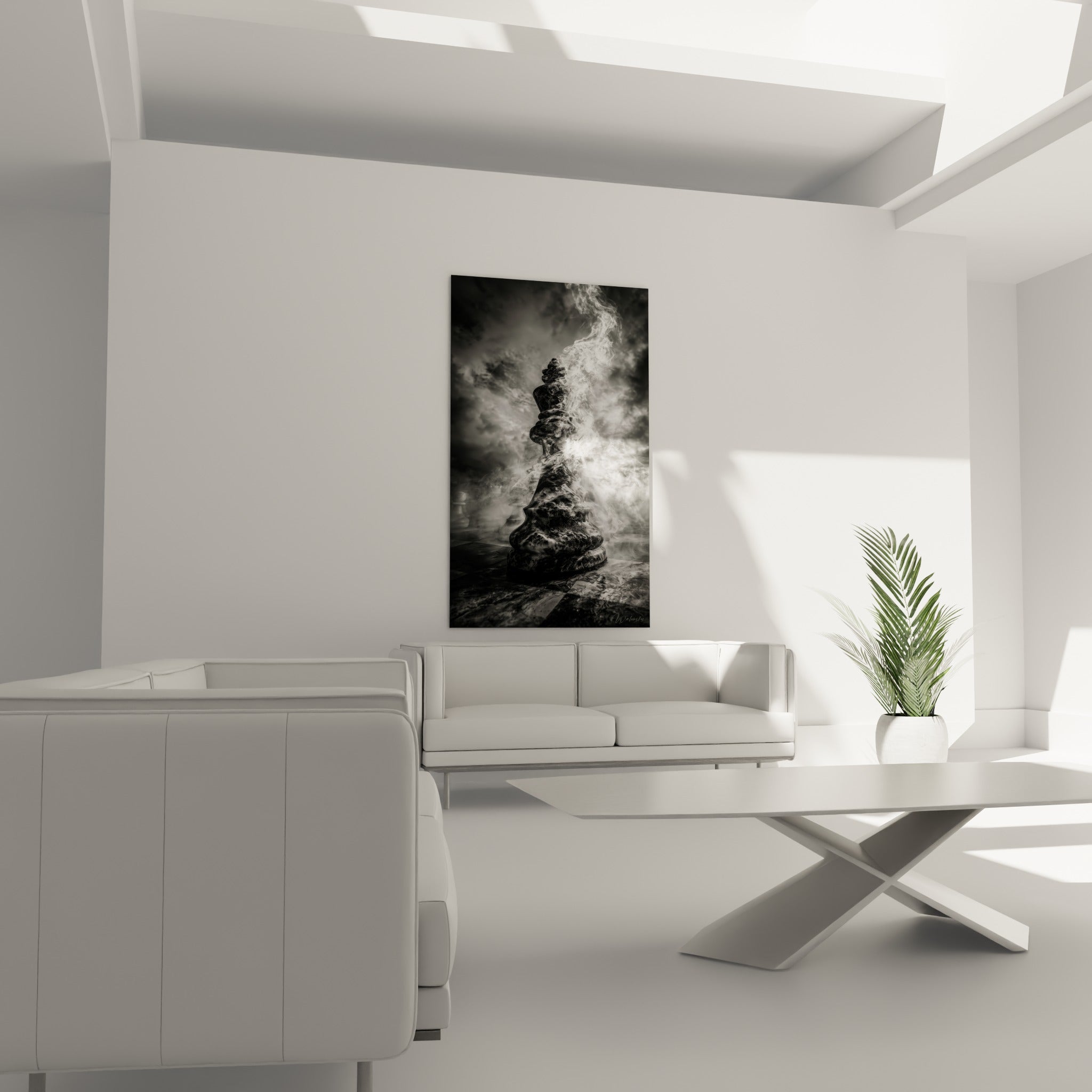 Roi d'échecs anthracite et fumée vaporeuse blanche au-dessus d'un canapé dans un salon lumineux