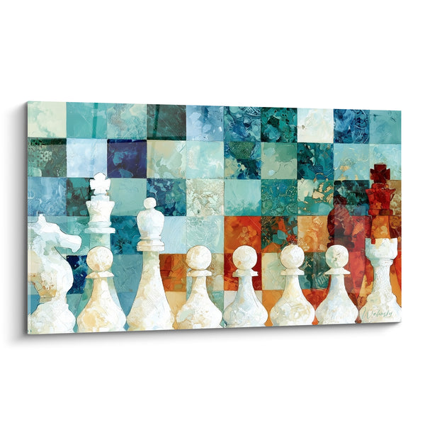 Tableau Pièces d'échecs blanches sur damier bleu et rouille - Alignement stratégique - Edition Echecs