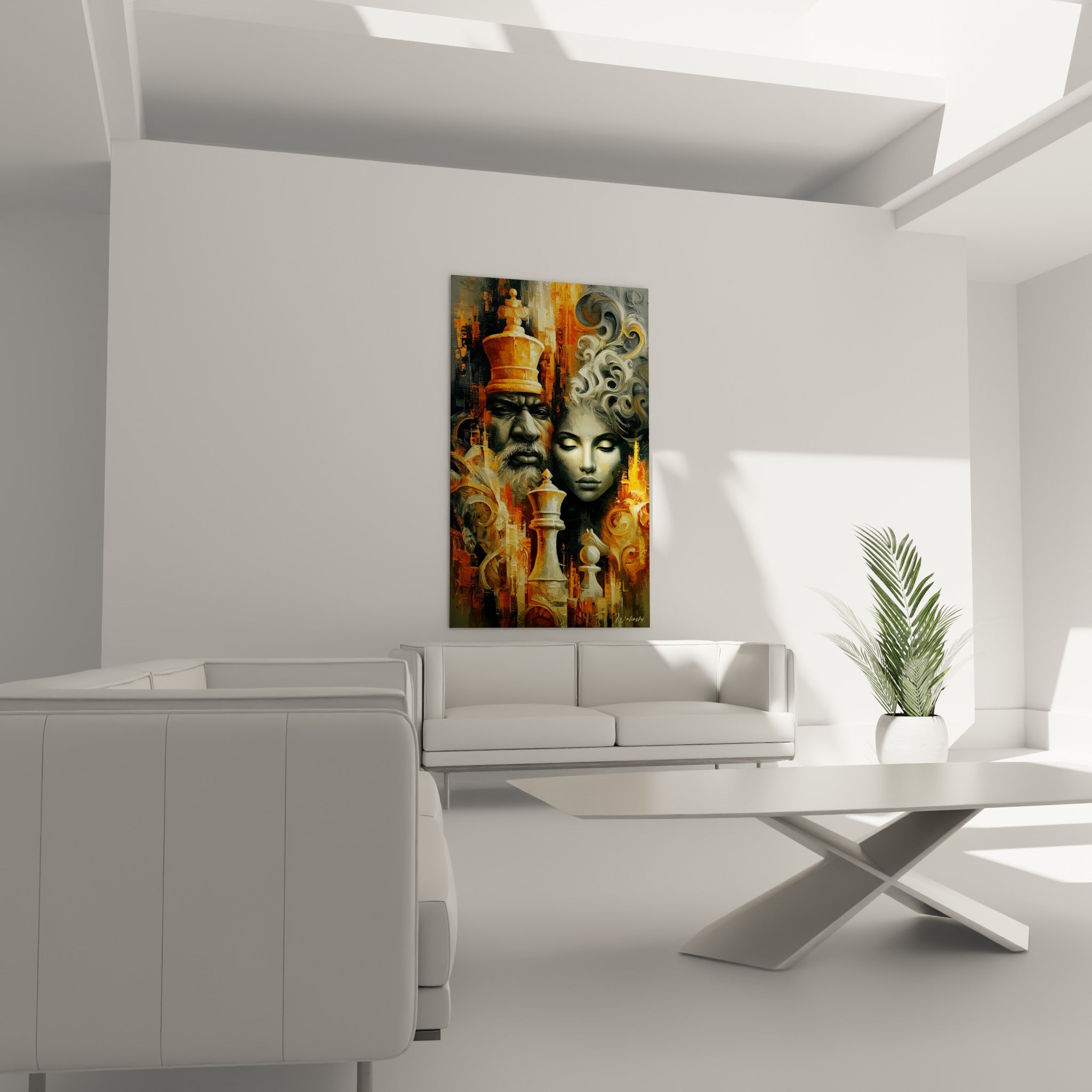 Figures royales du jeu d'échecs en ocre et anthracite accrochées au-dessus d'un canapé dans un salon lumineux