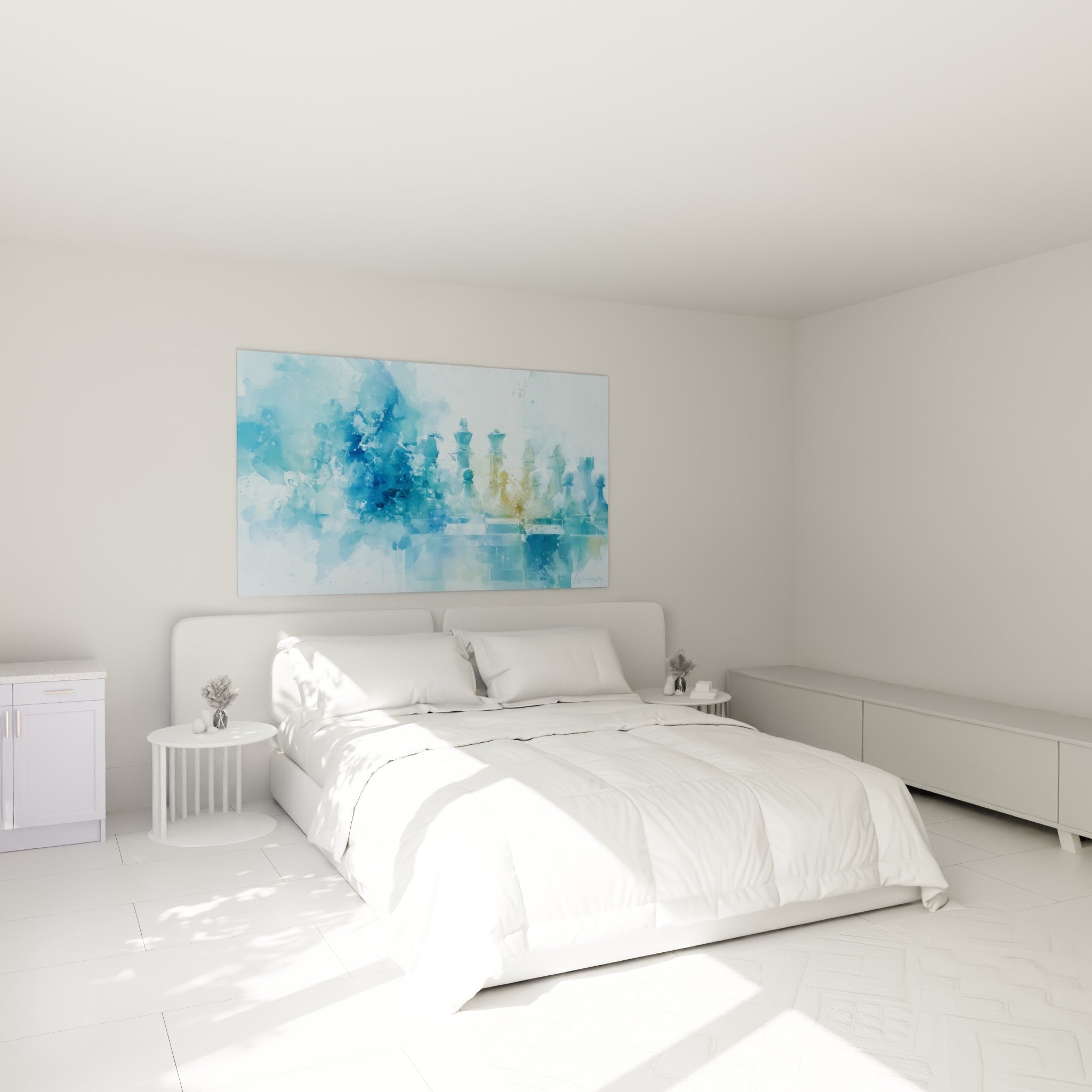 Pièces d'échecs bleu pastel et doré émergeant d'une brume au-dessus d'un lit dans une chambre claire