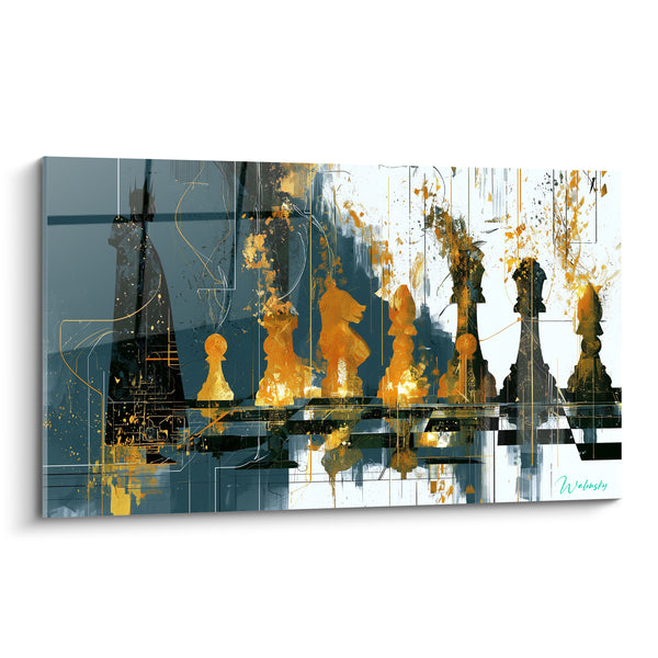 Tableau Pièces d'échecs bleu ardoise et doré - Duel stratégique - Edition Echecs