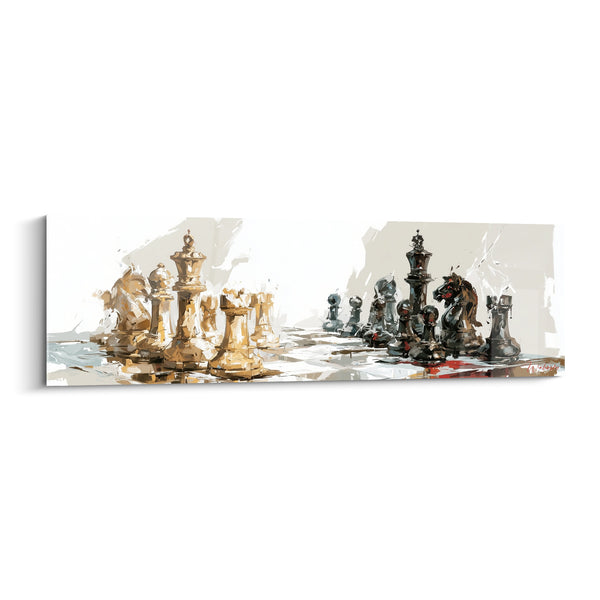 Tableau Échiquier pièces dorées et anthracite - Face à face décisif - Edition Echecs