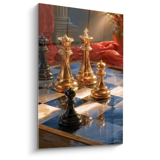 Tableau Pièces d'échecs dorées et noires près d'un drapé - Rayon de lumière et vase - Edition Echecs