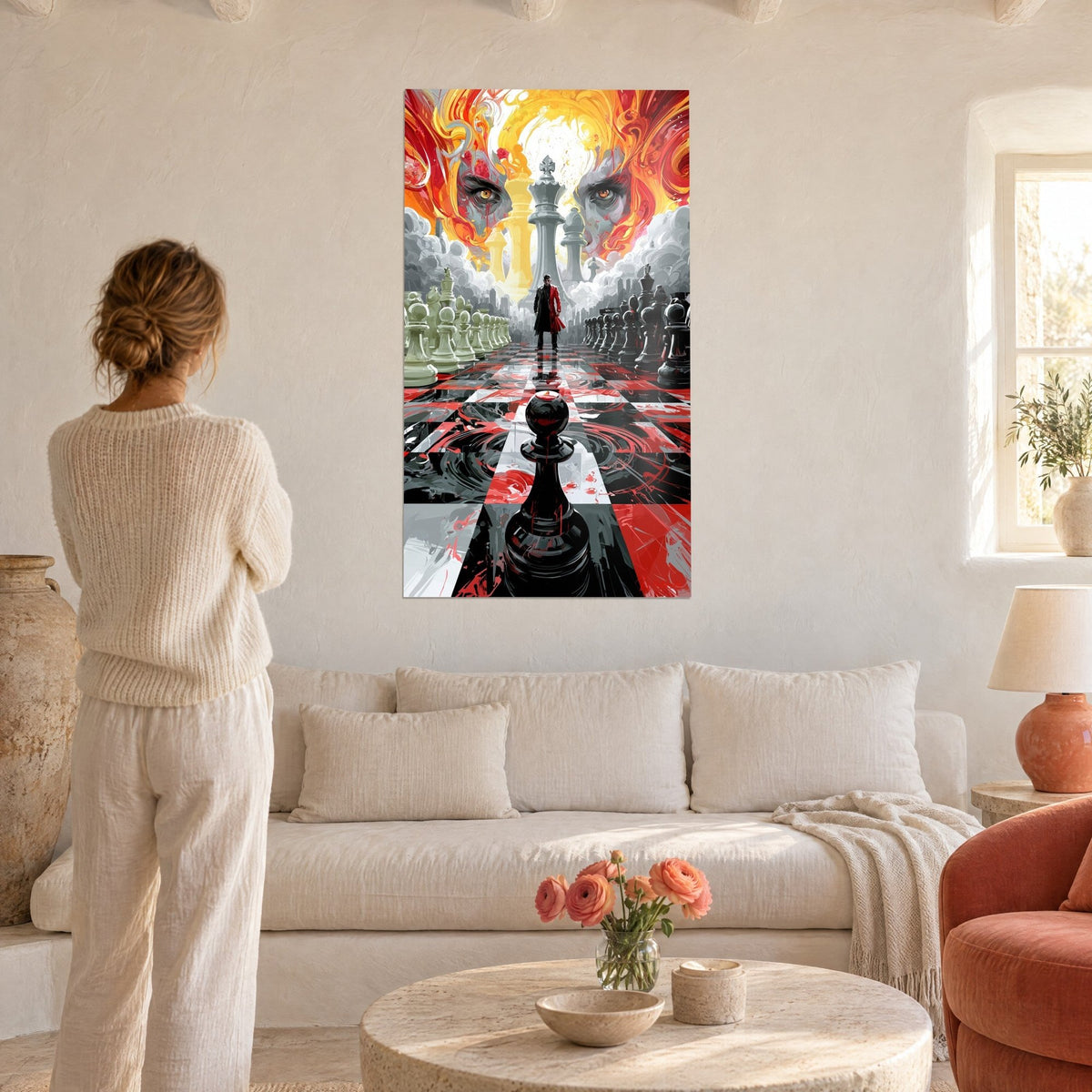 Wall art red and black chessboard where a man in a scarlet coat faces a giant queen, above a sofa in a bright living room