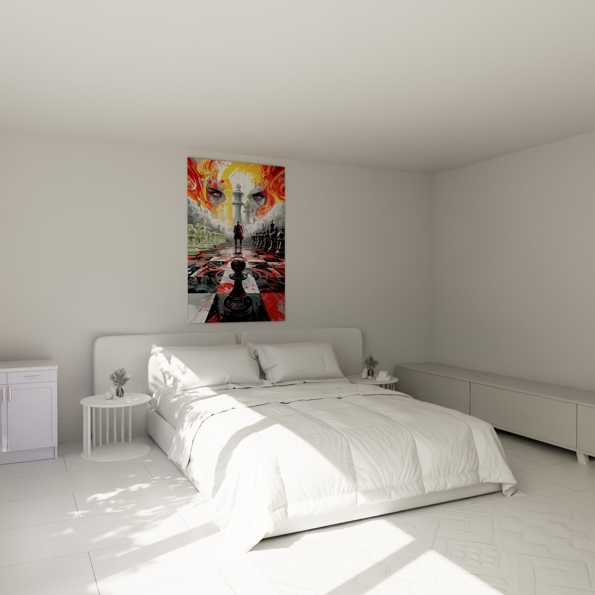 Échiquier rouge et noir aux pièces géantes accroché au-dessus d'un lit dans une chambre claire