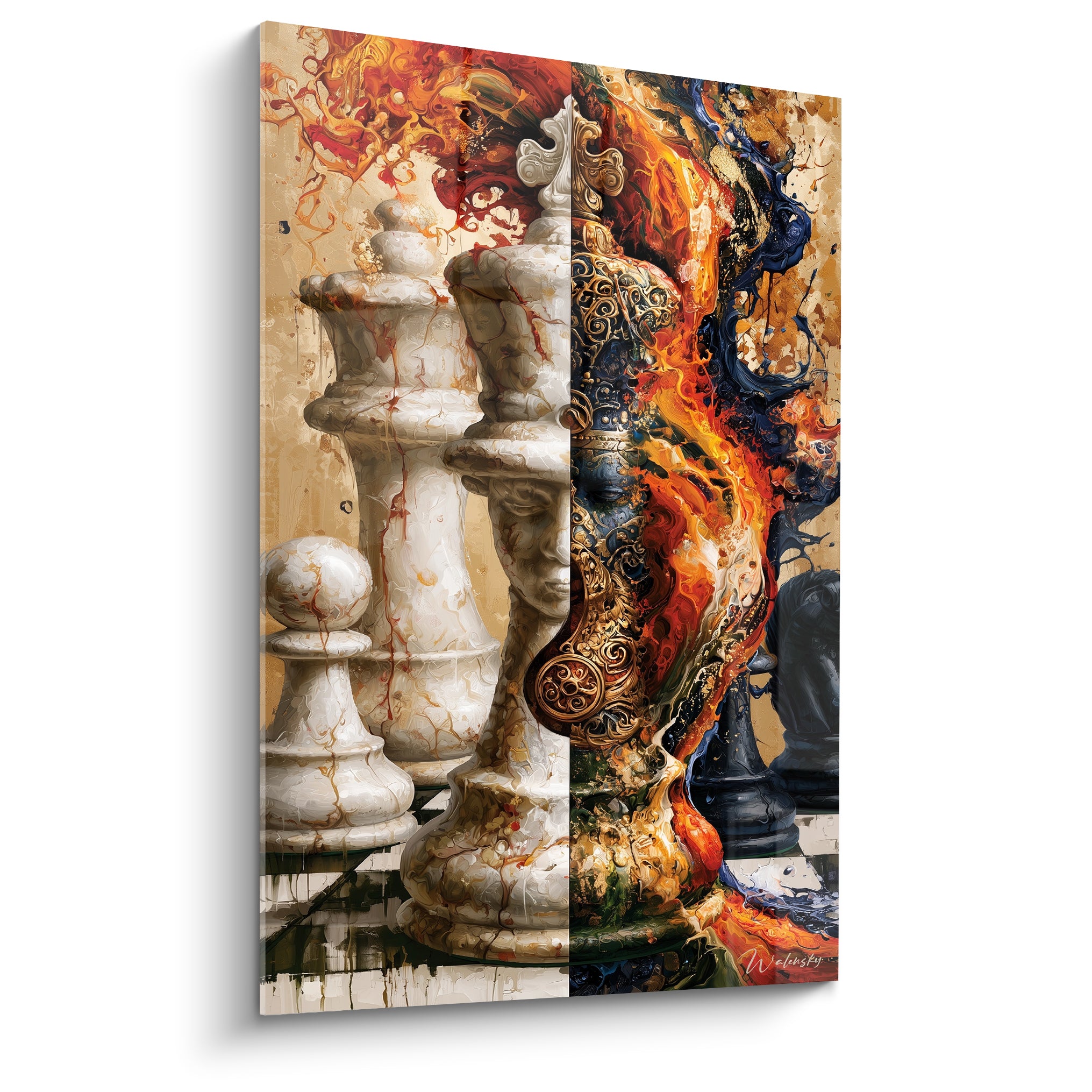 Pièces d'échecs ivoire et flammes dorées bleu marine sur toile artistique texturée